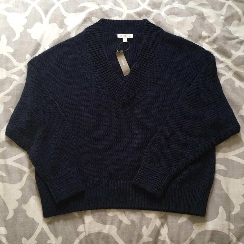 J. Crew relaxed v-neck cotton knit pullover sweater navy blue size medium NWT